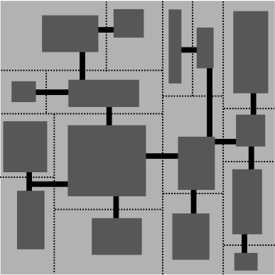 A simple roguelike dungeon of 16 rooms, with passageways between them and dotted lines indicating the original subdivisions.